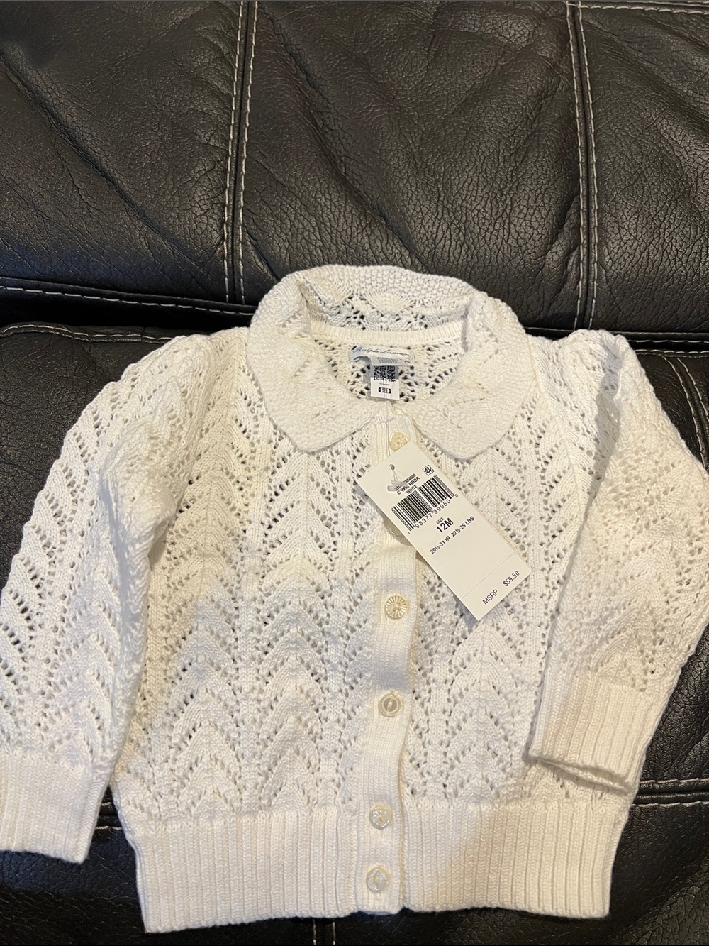 RALPH LAUREN 12 M White Eyelet Knit Baby Cardigan with Peter Pan Collar